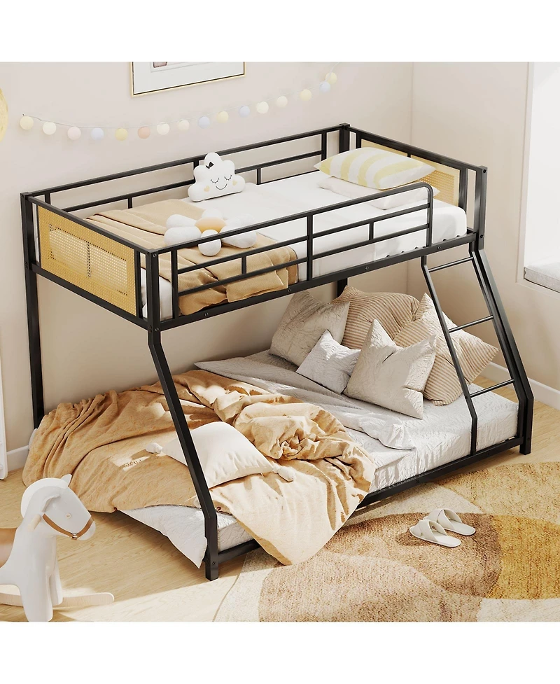 Sugift Metal Bunk Bed Twin Over Full with Guardrails and Ramp Ladder