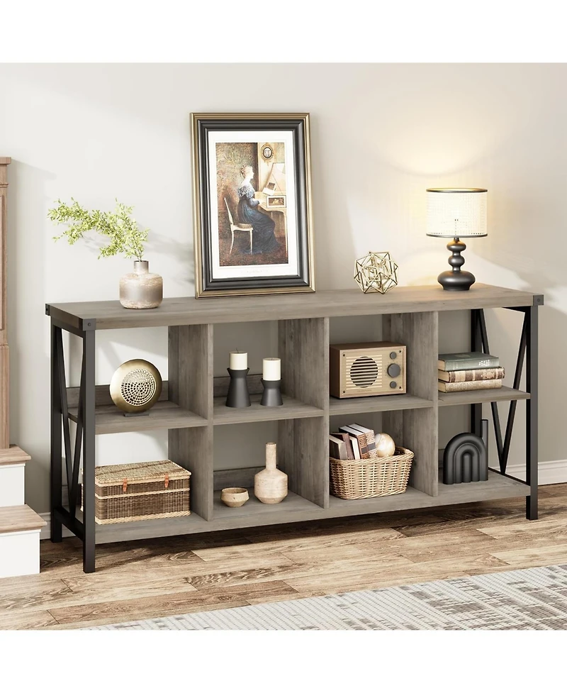 gaomon Entryway Console Table, 3 Tier Industrial Metal Sofa Table with 8 Cube Storage Organizer, Behind Couch Table, Hallway Table for Entry, Living