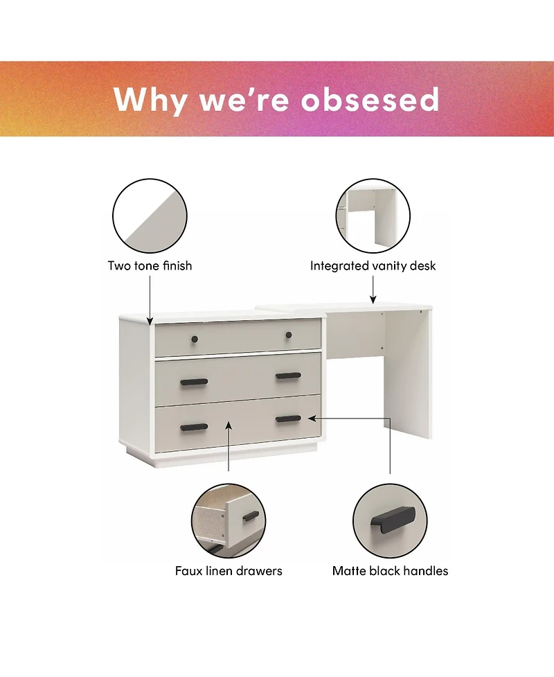 flynama Valencia 3 Drawer Dresser and Desk Combo Two Tone Finish with Matte Handles for Bedroom