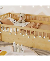 flynama Wood Montessori Floor Bed with High Rails Led Light and Reversible Storage Shelf