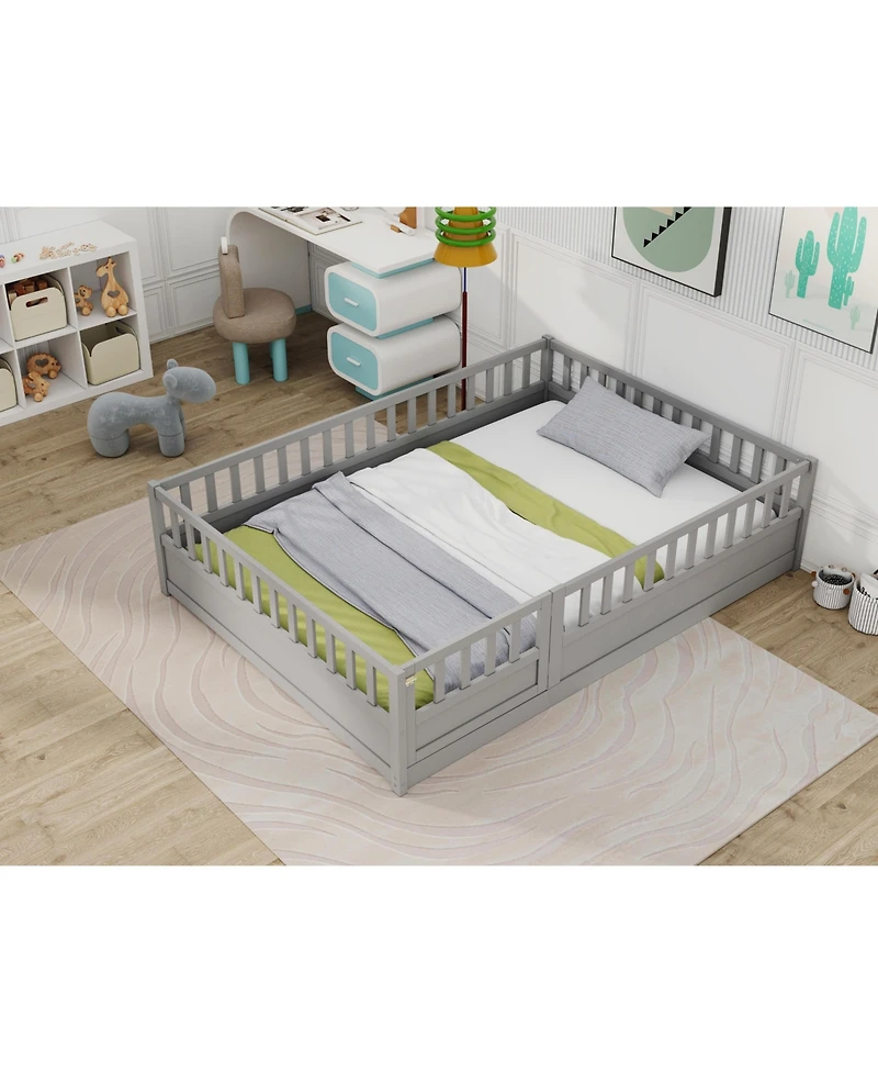 flynama Montessori Wooden Floor Bed With High Security Barrier And Door For Kids Bedroom