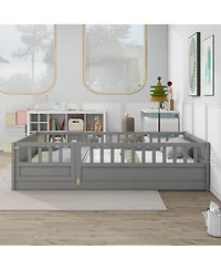 flynama Montessori Wooden Floor Bed With High Security Barrier And Door For Kids Bedroom