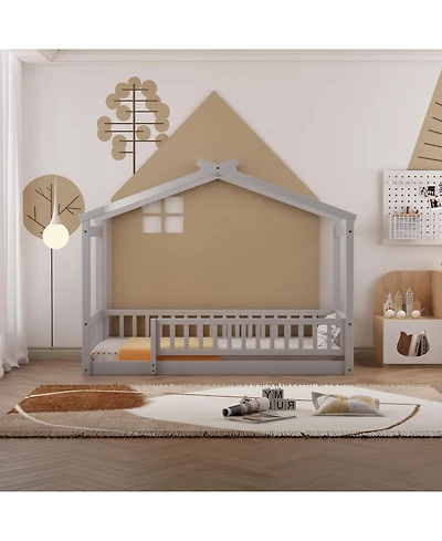 flynama Wood House Bed Roof Fence Pine Wood Frame 7 Slats Kids Teens