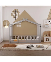 flynama Wood House Bed Roof Fence Pine Wood Frame 7 Slats Kids Teens