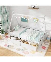 Sugift Twin Size House Bed with Roof Design and Safety Guardrails