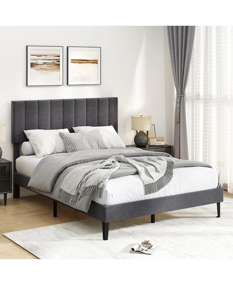 Sugift Velvet Upholstered Platform Bed with Adjustable Headboard