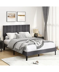 Sugift Velvet Upholstered Platform Bed with Adjustable Headboard