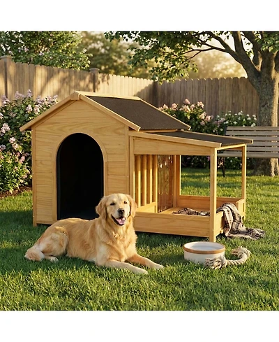 Aostirmotor 60" Large Outdoor Dog Kennel – Insulated Waterproof House with Porch, Asphalt Roof & Elevated Floor, for Medium & Large Dogs