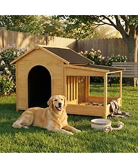Aostirmotor 60" Large Outdoor Dog Kennel – Insulated Waterproof House with Porch, Asphalt Roof & Elevated Floor, for Medium & Large Dogs