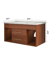 Sillysis 35.4" Mid-Century Wall Mounted Bathroom Vanity with Integrated Ceramic Sink, Walnut Solid Wood, Soft Close Drawers, Open Shelves