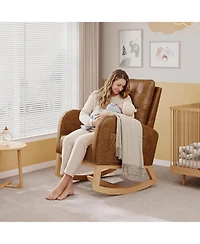 gaomon High Backrest Rocking Chair, Modern Pu Leather Upholstered, Wood Legs, Lounge for Living Room, Bedroom