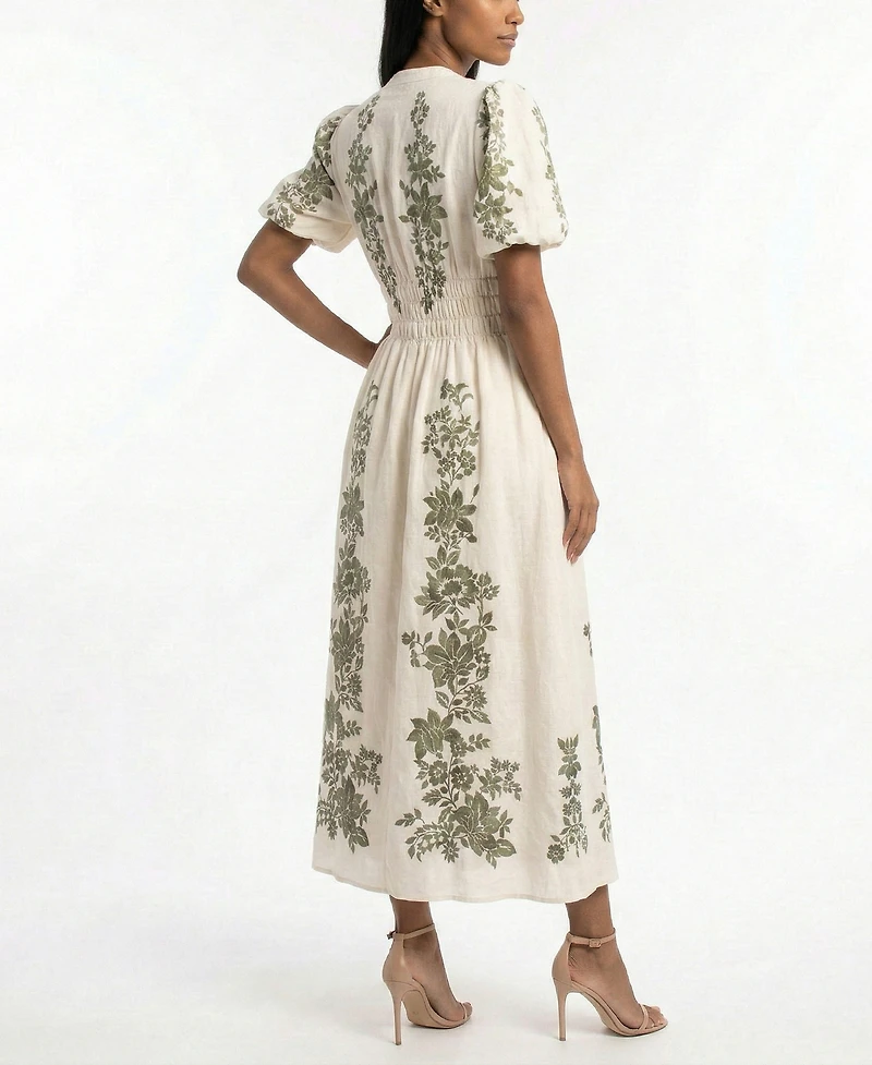 Taylor Women's Puff-Sleeve V-Neck Smocked Waist Shirt Dress