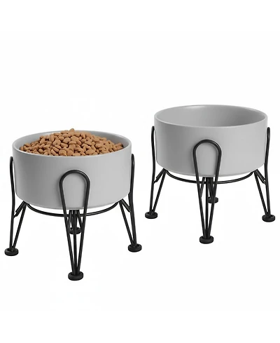 Aronkl Elevated Dog Ceramic Bowl Set 2 Pack with Anti-slip Non-tip Metal Stand for Dogs Food Water Feeding