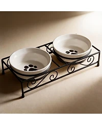 Aronkl Ceramic Pet Bowl Set with Metal Stand Paw Print Design Dishwasher Safe