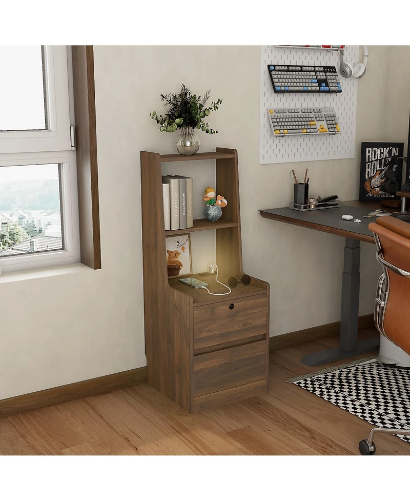 Flynama Modern Neutral Nightstand with Storage Space and Led Light Glass Top Jewelry Storage Bedside Table