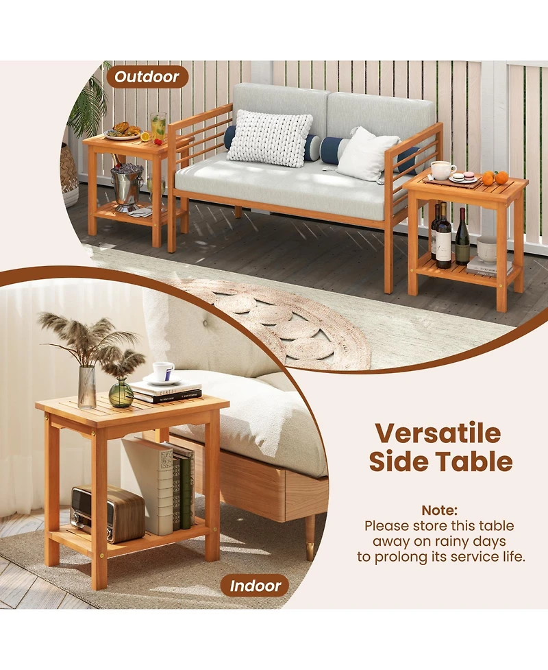 Gymax 2PCS Outdoor Acacia Wood Side Table 2-Tier Patio End Table w/ Slatted Tabletop