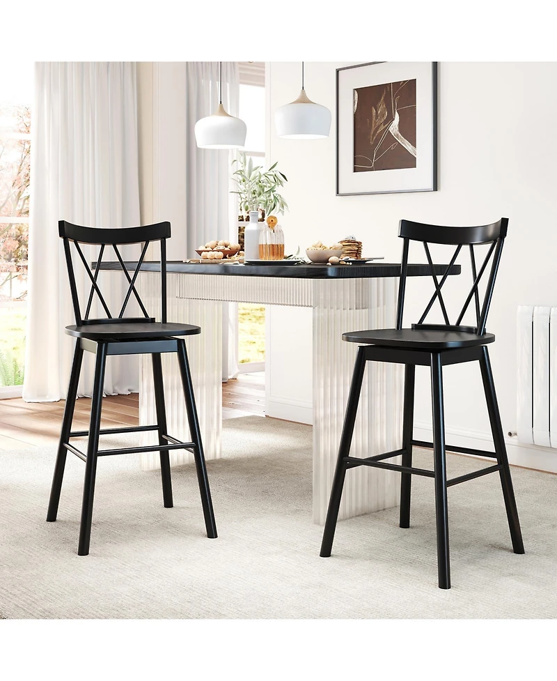 Gymax Windsor Bar Stool Set of 2 29'' Swivel Rubber Wood Dining Chairs Spacious Seat
