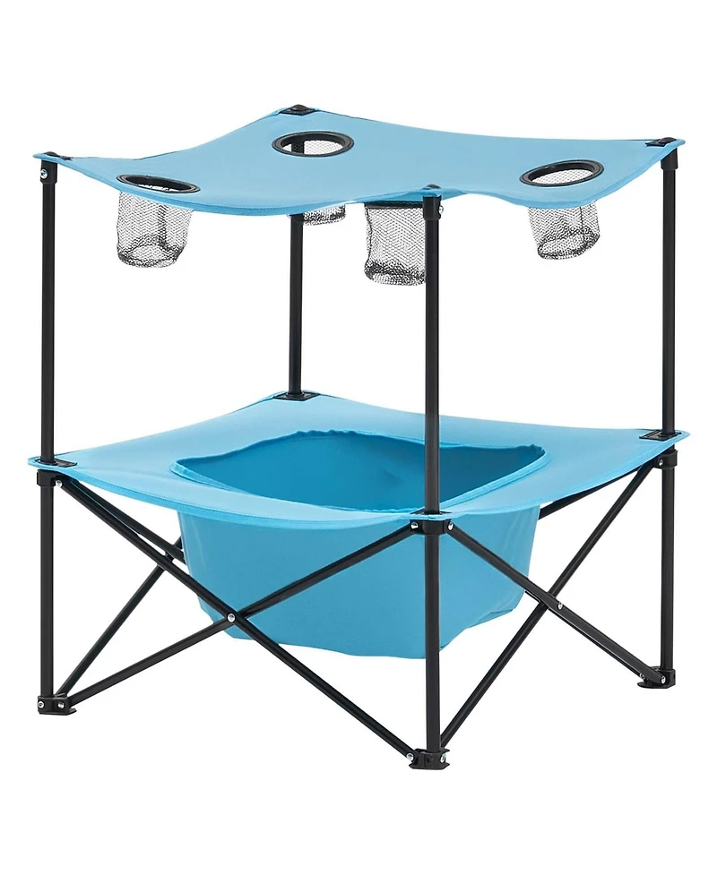 Mecale Folding Camping Table, 600D Waterproof Oxford Top with 4 Cup Holders, Carry Bag