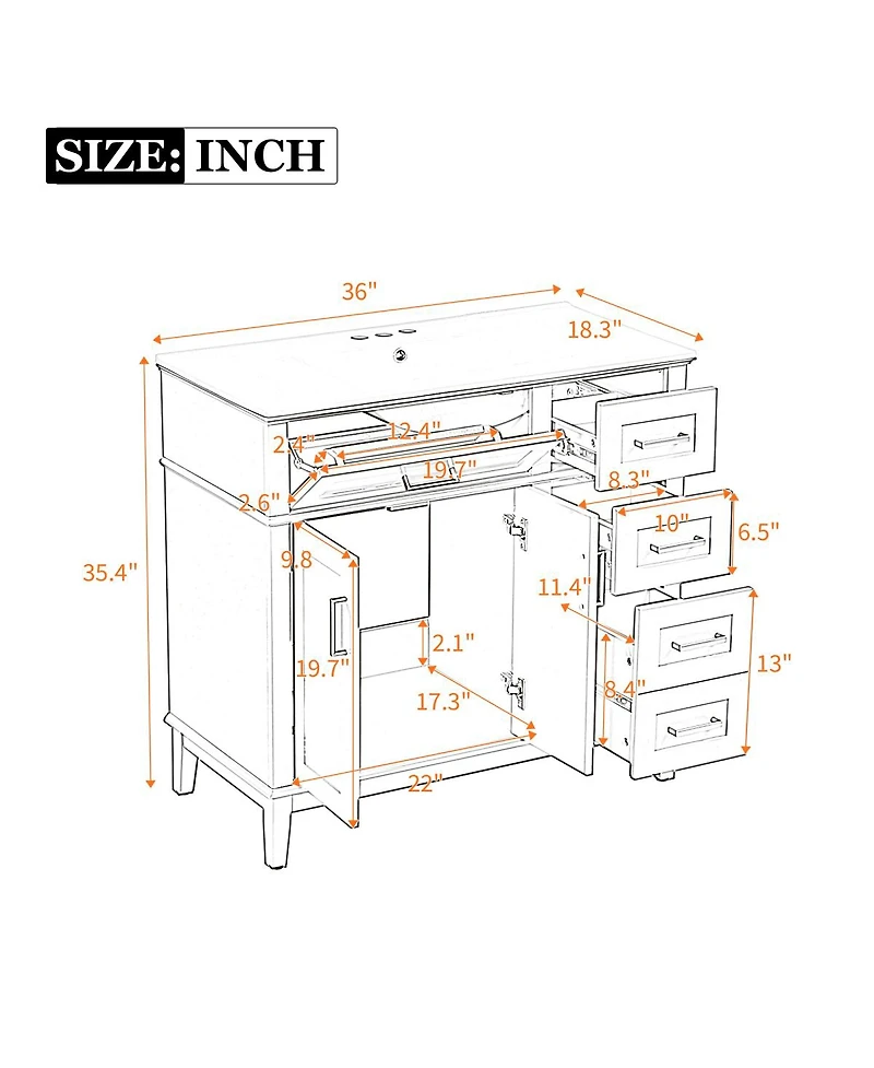 Sillysis 36" Modern Bathroom Vanity with Sink, Freestanding Solid Wood Cabinet, Soft Close Drawers for Home