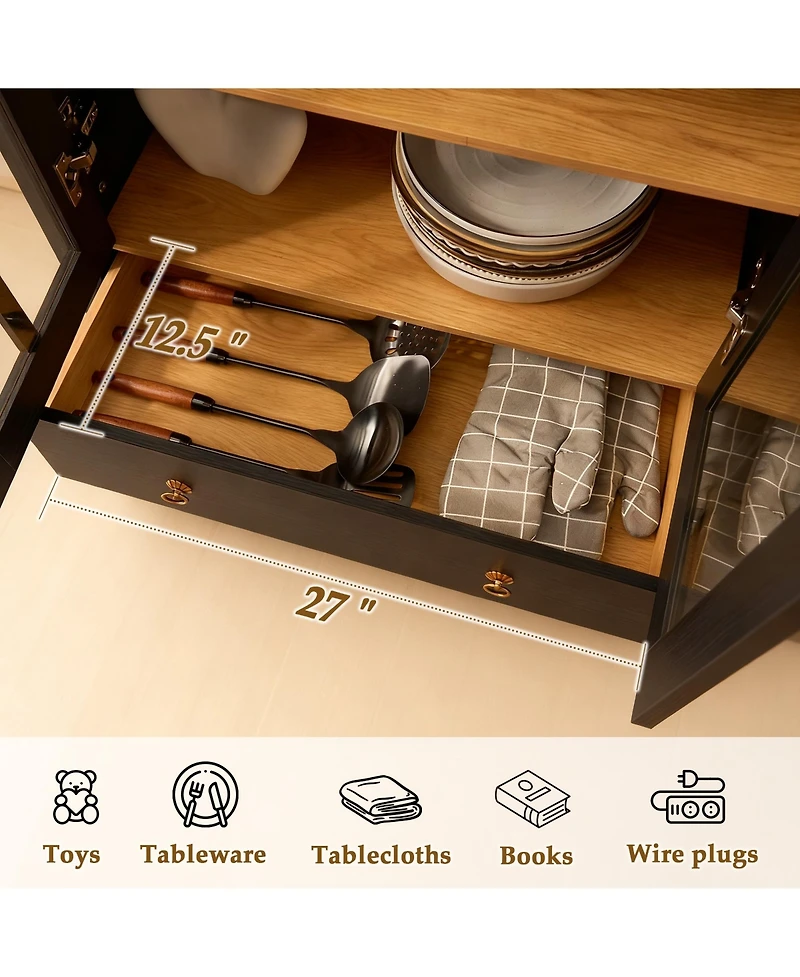 Xizzi Arched Glass Door Sideboard Cabinet, 71” Tall Wood Display Cabinet with Drawer and Invisible Lock, Bookshelf for Living Room, Office, Ent