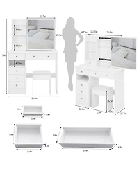 Flynama Modern Medium Led Vanity Table with Multi Layer Slide Mirror Classic and Cushioned Stool