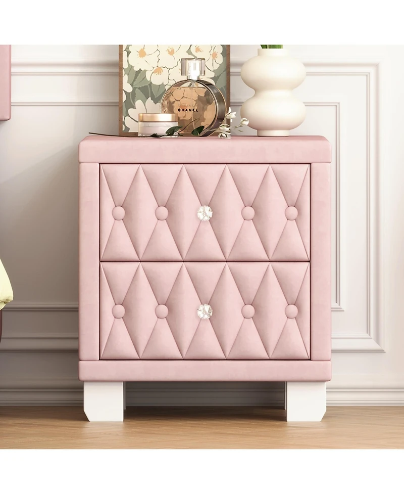 Flynama Elegant Velvet Nightstand with 2 Drawers Crystal Handle Button Tufted Bedroom Storage Table