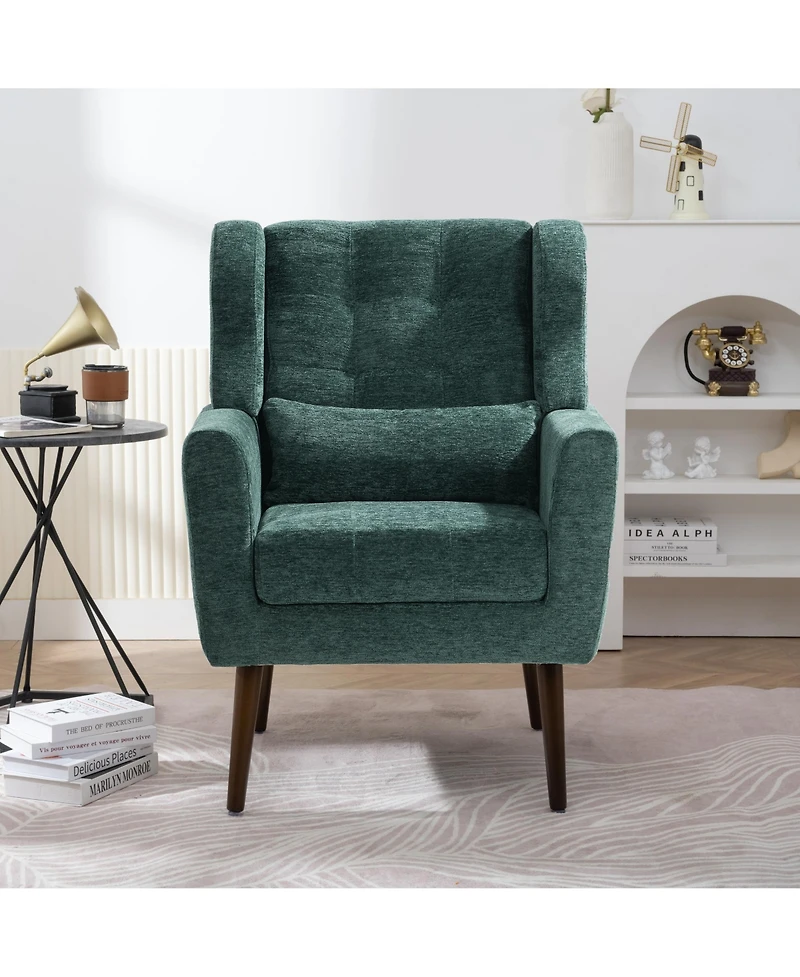 Rainsken Chenille Accent Chair, Modern Upholstered Armchair with Waist Pillow and Tapered Wooden Legs for Living Room