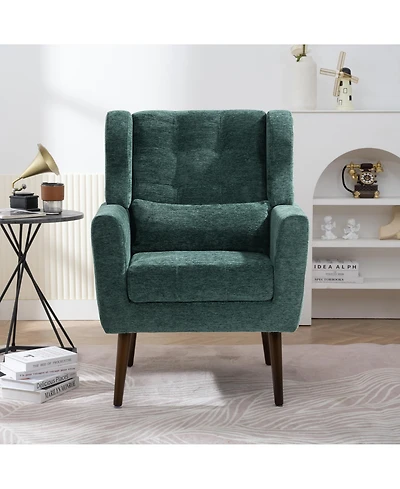 Rainsken Chenille Accent Chair, Modern Upholstered Armchair with Waist Pillow and Tapered Wooden Legs for Living Room