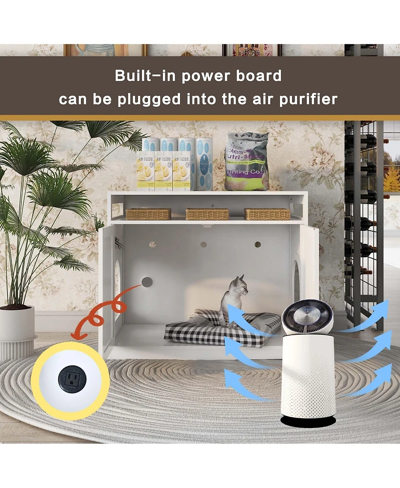 Aostirmotor Cat Litter Box Enclosure with Hidden Plug – 2-Door Wooden Bench & Side Table