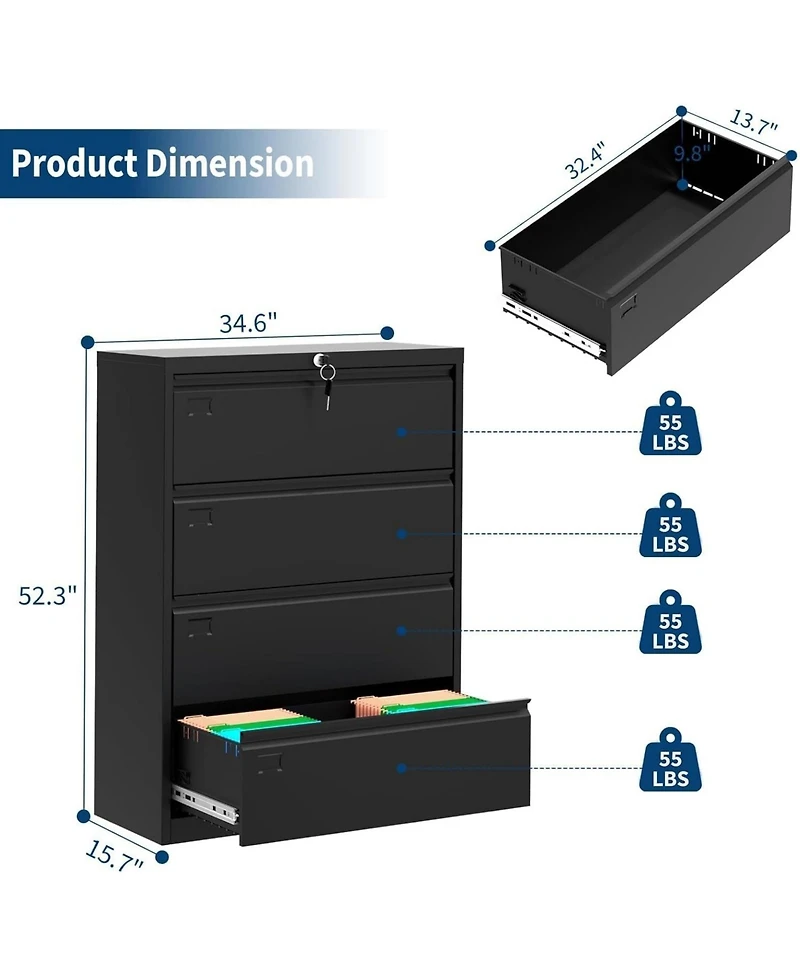 gaomon 4 Drawer Lateral File Cabinet with Lock, 52"H Metal Filing Cabinet for Home Office & Business Use Legal, A4, F4 Files, 320 Lb Weight