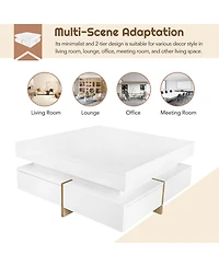 Rainsken Modern High Gloss Coffee Table, Multi-Storage Square Center Table with 4 Drawers and Wood Grain Legs for Living Room