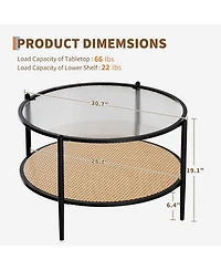 gaomon “30″ Rattan Coffee Table, 2 Tier Round End Table with Water Wave Glass & Storage – Modern”