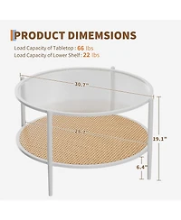 gaomon “30″ Rattan Coffee Table, 2 Tier Round End Table with Water Wave Glass & Storage – Modern”