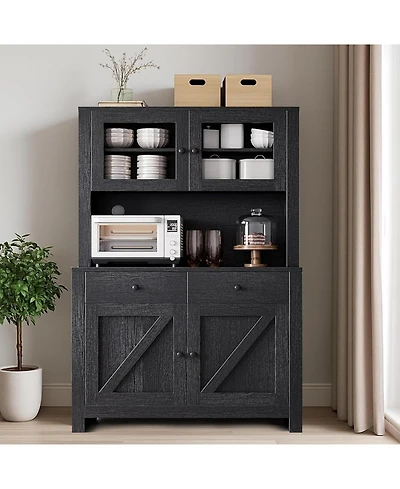 gaomon Kitchen Cabinet with Microwave Stand & Drawers, Large Storage Hutch Adjustable Shelves, Freestanding Coffee Bar Station for