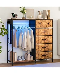 gaomon Dresser with Hanging Rack, Reversible 6 Drawers Led Lights & Charging Station, Fabric Closet Dressers Chest of