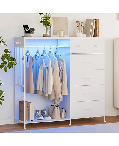 gaomon Dresser with Hanging Rack, Reversible 6 Drawers Led Lights & Charging Station, Fabric Closet Dressers Chest of