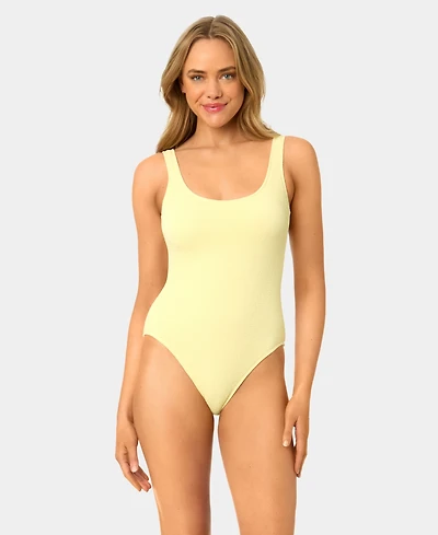 California Waves Women's Solid Popcorn Scrunch Scoop Neck One-Piece Swimsuit