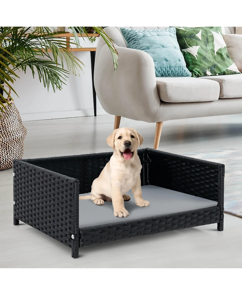 Gymax Rattan Dog Bed w/ Waterproof Soft Cushion Metal Frame for Medium Small Dogs Cats
