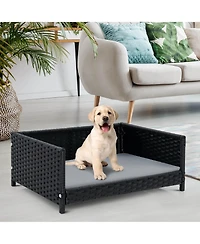 Gymax Rattan Dog Bed w/ Waterproof Soft Cushion Metal Frame for Medium Small Dogs Cats