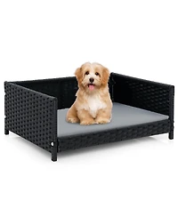 Gymax Rattan Dog Bed w/ Waterproof Soft Cushion Metal Frame for Medium Small Dogs Cats