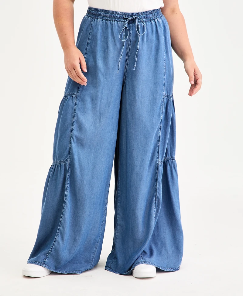 Madden Girl Trendy Plus Pull-On Wide-Leg Chambray Pants