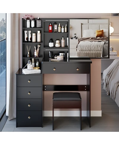 Flynama Modern Medium Led Vanity Table with Bedside Cabinet Slide Mirror Classic and Cushioned Stool