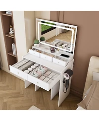 Flynama Large Mirror Makeup Vanity Set with Power Outlet Hair Dryer Holder 5 Drawers 3 Lighting Modes Dressing Table for Bedroom