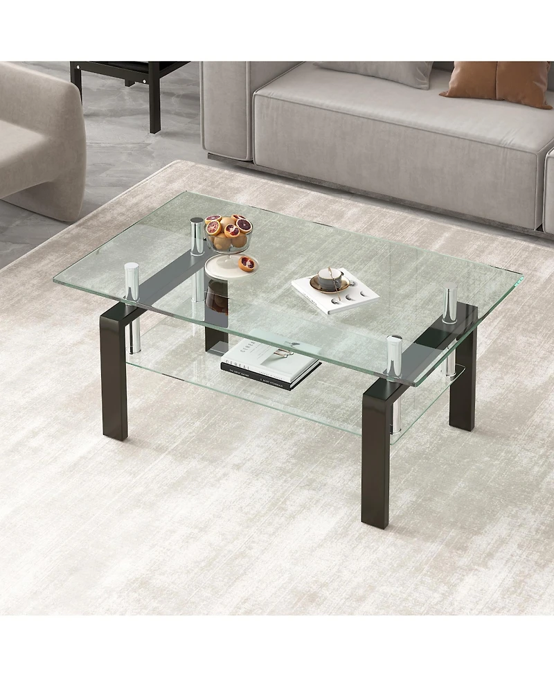 Rainsken Rectangle 2-Tier Glass Coffee Table, Modern Small Center Table with Storage and Metal Legs for Living Room