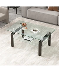 Rainsken Rectangle 2-Tier Glass Coffee Table, Modern Small Center Table with Storage and Metal Legs for Living Room