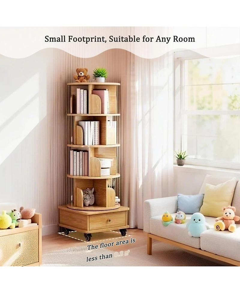 Rainsken 5 Tier Rotating Bookshelf with Drawers On Wheel, 360° Display Spinning Corner Bookcase