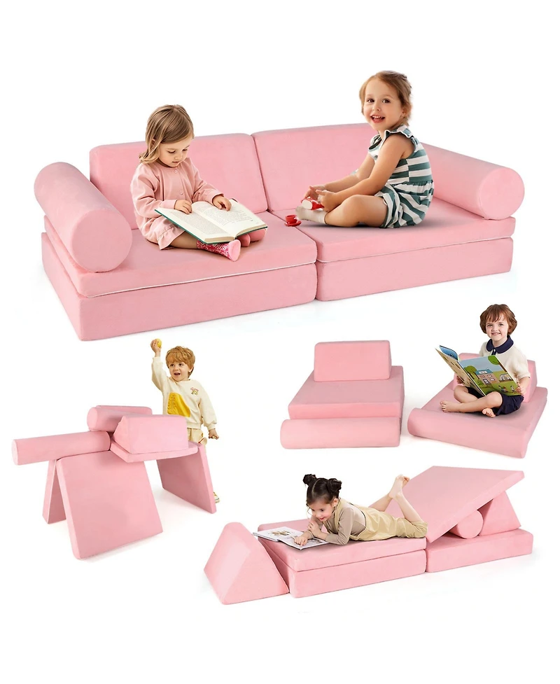 Sugift 8 Pieces Kids Play Couch Foam Building Fort Play Set with Suede Cover