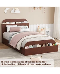 gaomon Twin Bed Frame with Storage Headboard and Raised Footboard for Kids Low Platform Wood Slats No Box Spring