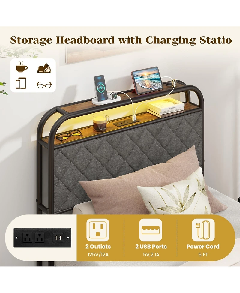 Sugift Platform Bed Frame with Led Lights and Charging Station