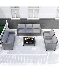 gaomon All Weather 5-Piece Patio Conversation Set - Pe Wicker Modular Sectional Sofa with Tempered Glass Table